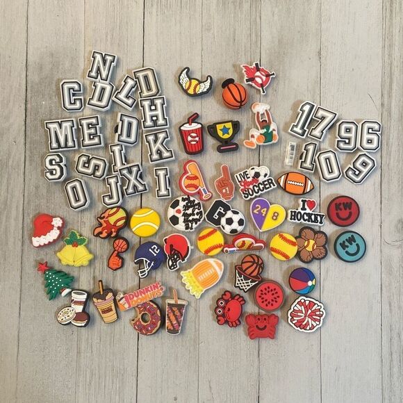 Lot of 64 Shoe Charms for Crocs - Varsity Letters Numbers Sports Coffee Summer - Picture 1 of 8